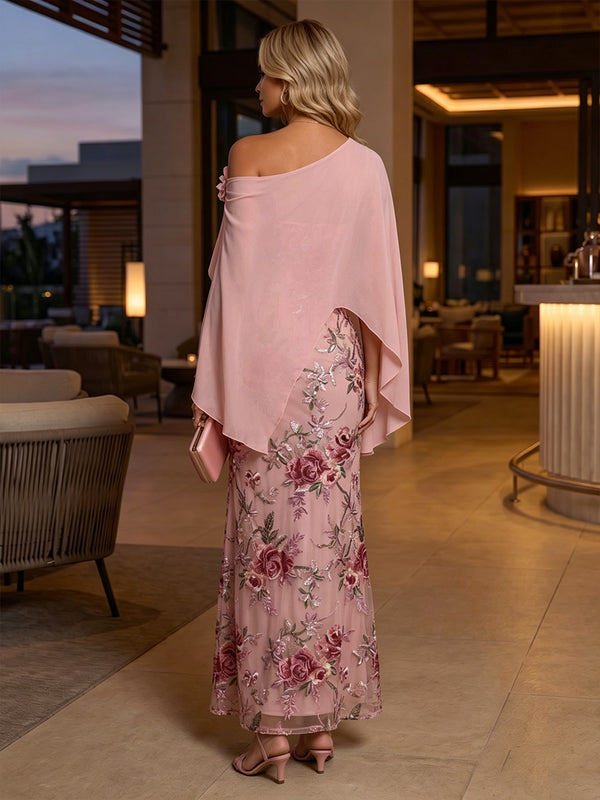 Lace Sheath/Column Off Shoulder Floor-Length Evening Dresses with Floral Embroidery