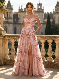 Floral Embroidery A-Line/Princess Off Shoulder Floor-Length Evening Dresses with Slit