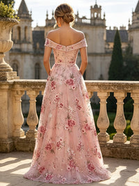 Floral Embroidery A-Line/Princess Off Shoulder Floor-Length Evening Dresses with Slit