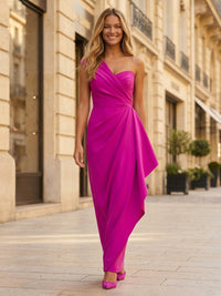 Satin Sheath/Column One Shoulder Floor-Length Evening Dresses with Ruffles