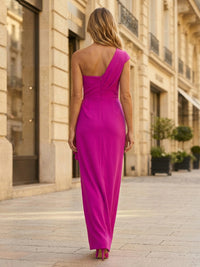 Satin Sheath/Column One Shoulder Floor-Length Evening Dresses with Ruffles