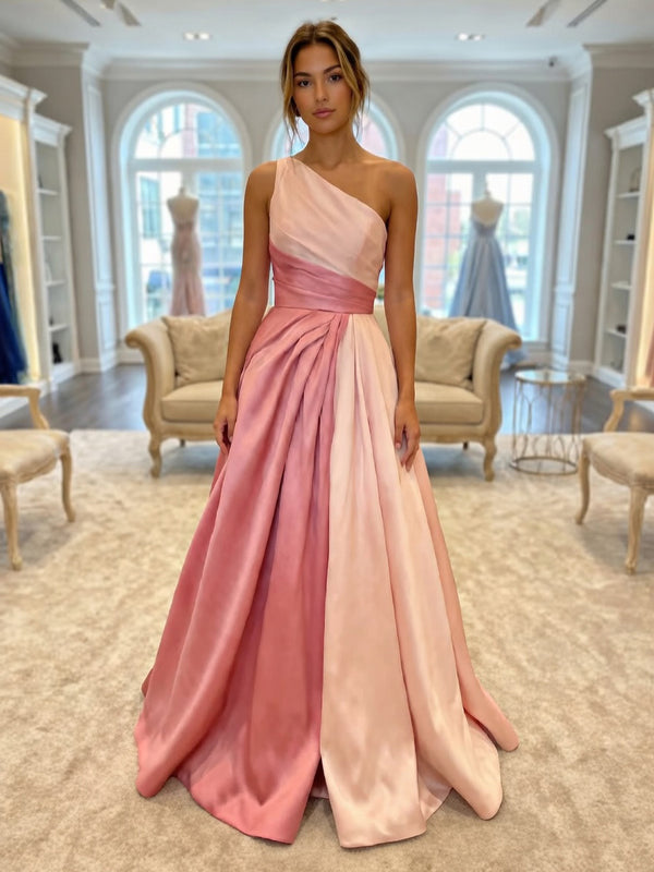 Satin A-Line/Princess One Shoulder Floor-Length Evening Dresses with Ruched Waist