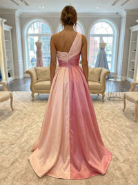 Satin A-Line/Princess One Shoulder Floor-Length Evening Dresses with Ruched Waist
