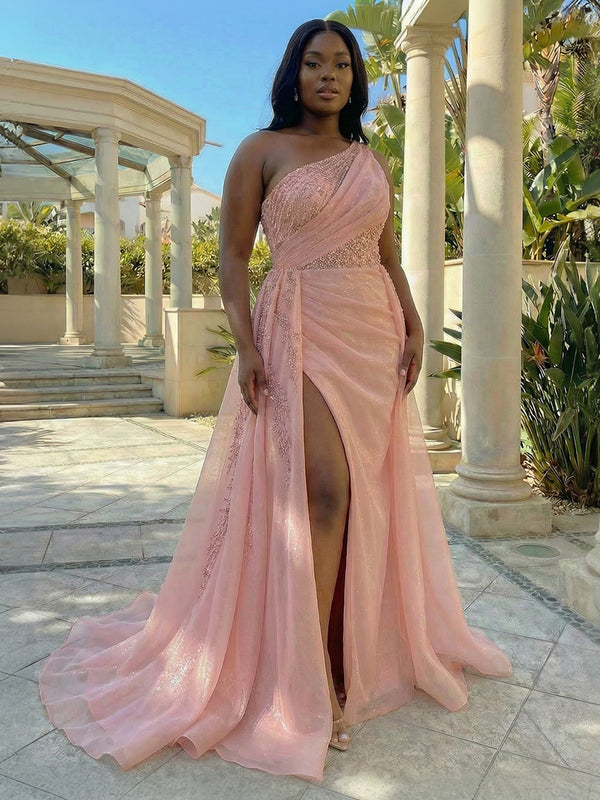Tulle Sheath/Column One Shoulder Floor-Length Evening Dresses with Slit