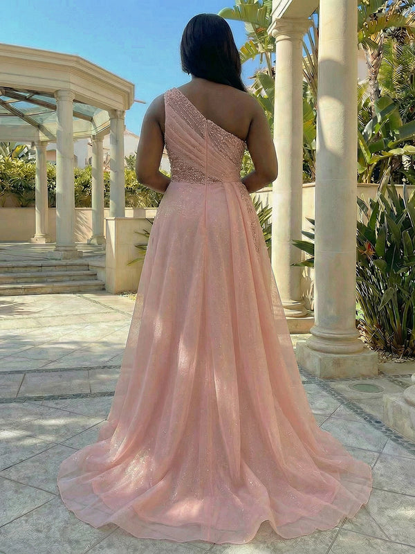 Tulle Sheath/Column One Shoulder Floor-Length Evening Dresses with Slit