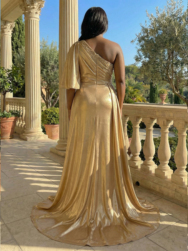 Metallic Satin Sheath/Column One Shoulder Floor-Length Evening Dresses with Satin Bodice