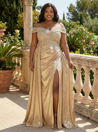 Metallic Satin Sheath/Column Off Shoulder Floor-Length Evening Dresses with Slit