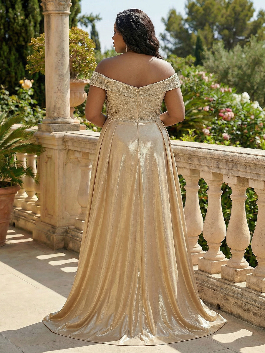 Metallic Satin Sheath/Column Off Shoulder Floor-Length Evening Dresses with Slit