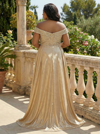 Metallic Satin Sheath/Column Off Shoulder Floor-Length Evening Dresses with Slit