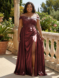Metallic Satin Sheath/Column Off Shoulder Floor-Length Evening Dresses with Slit