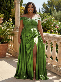 Metallic Satin Sheath/Column Off Shoulder Floor-Length Evening Dresses with Slit