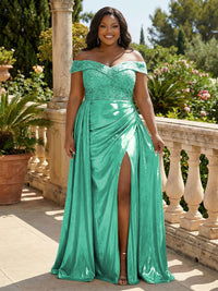Metallic Satin Sheath/Column Off Shoulder Floor-Length Evening Dresses with Slit