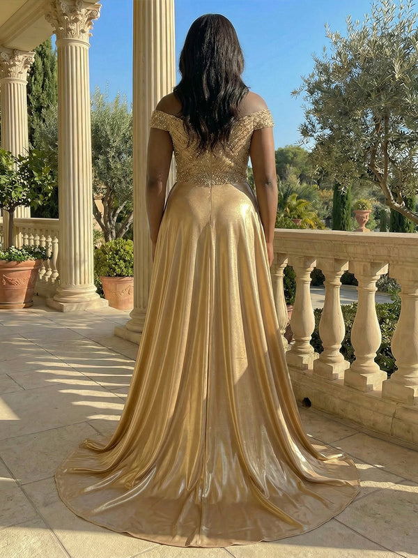 Metallic Satin Sheath/Column Off Shoulder Floor-Length Evening Dresses with Sweep Train