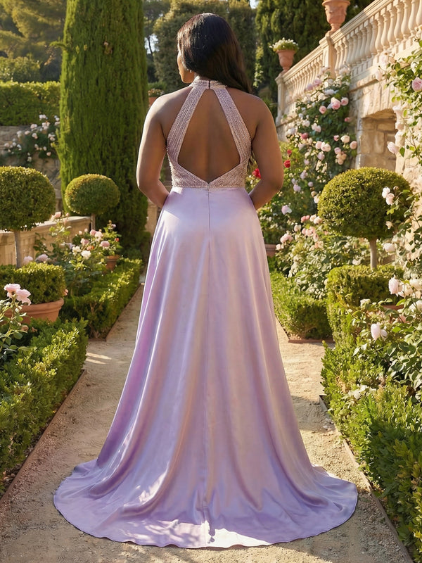 Satin Sheath/Column Halter Floor-Length Evening Dresses with Sweep Train
