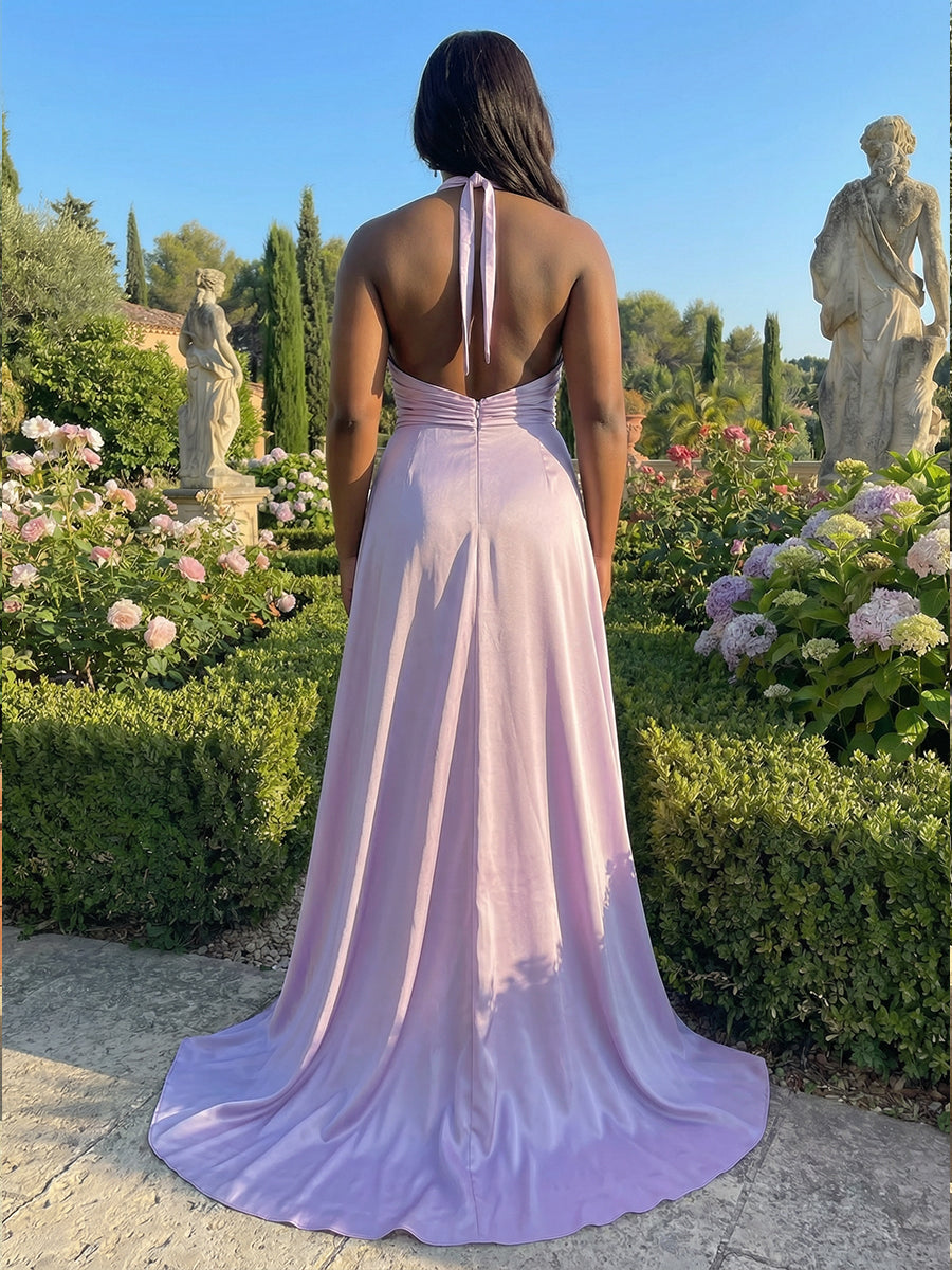 Satin Sheath/Column Halter Floor-Length Evening Dresses with Ruched Waist