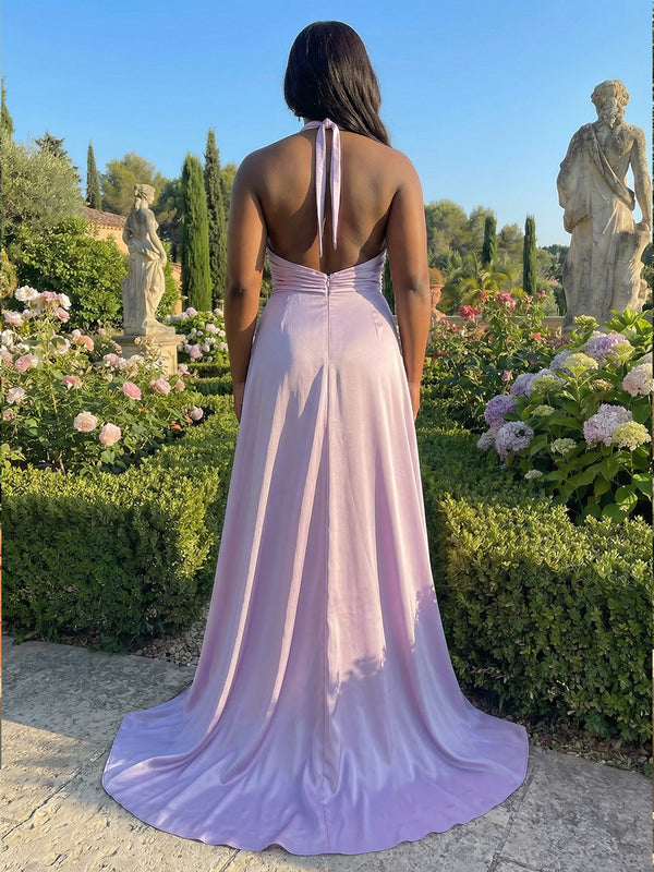 Satin Sheath/Column Halter Floor-Length Evening Dresses with Ruched Waist