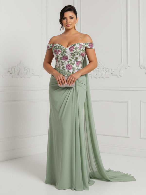 Chiffon A-Line/Princess Off Shoulder Floor-Length Evening Dresses with Floral Bodice & Ribbon