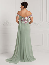 Chiffon A-Line/Princess Off Shoulder Floor-Length Evening Dresses with Floral Bodice & Ribbon