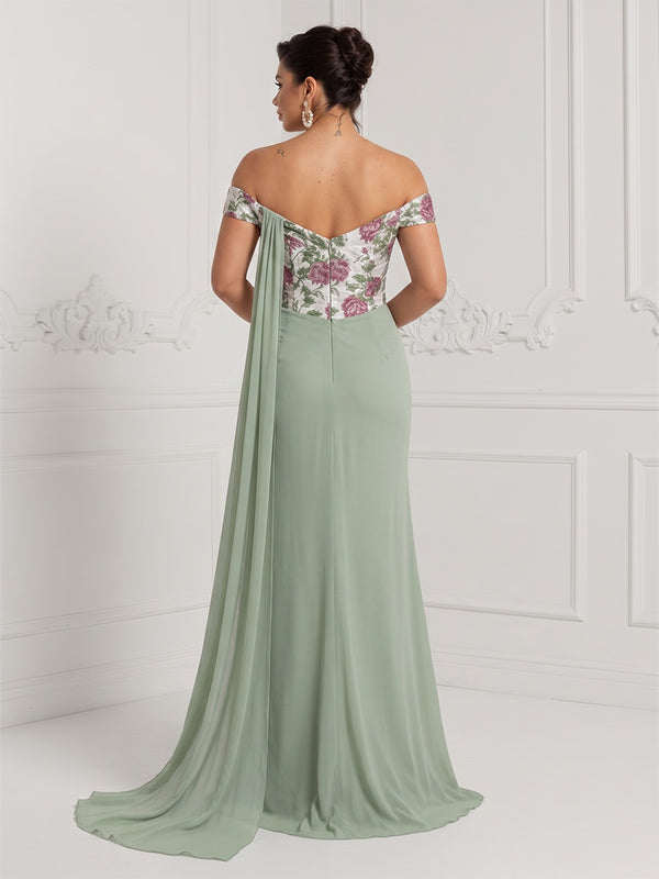Chiffon A-Line/Princess Off Shoulder Floor-Length Evening Dresses with Floral Bodice & Ribbon