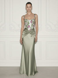 Satin Sheath/Column Square Neck Floor-Length Evening Dresses with Floral Bodice & Ruched Waist