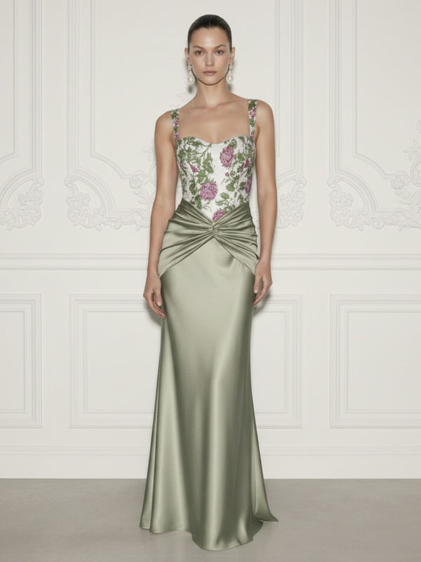 Satin Sheath/Column Square Neck Floor-Length Evening Dresses with Floral Bodice & Ruched Waist