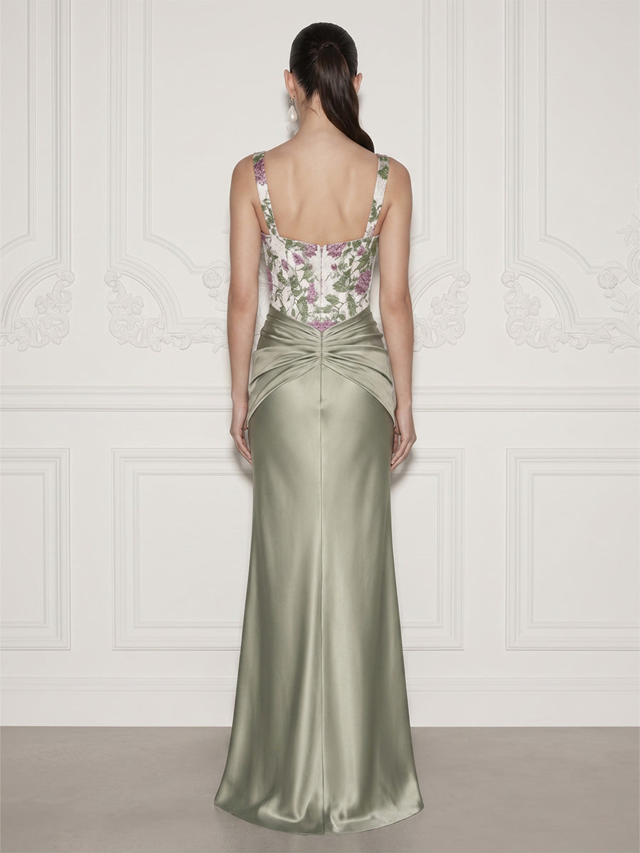Satin Sheath/Column Square Neck Floor-Length Evening Dresses with Floral Bodice & Ruched Waist