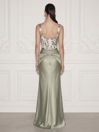 Satin Sheath/Column Square Neck Floor-Length Evening Dresses with Floral Bodice & Ruched Waist
