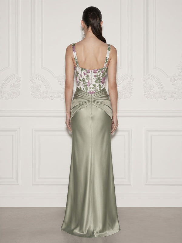 Satin Sheath/Column Square Neck Floor-Length Evening Dresses with Floral Bodice & Ruched Waist