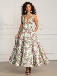 Jacquard A-Line/Princess V-Neck Floor-Length Evening Dresses with Pockets