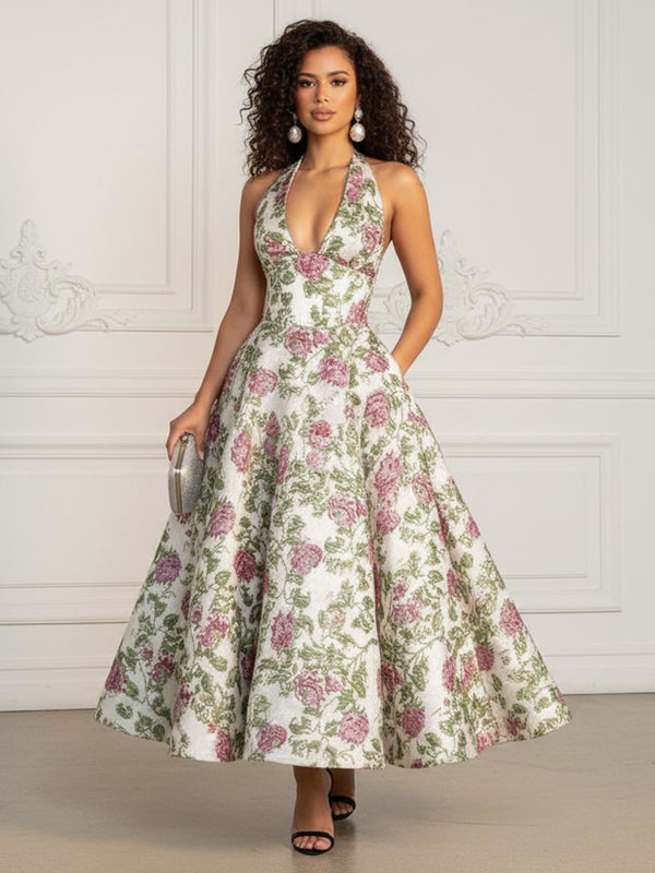 Jacquard A-Line/Princess V-Neck Floor-Length Evening Dresses with Pockets