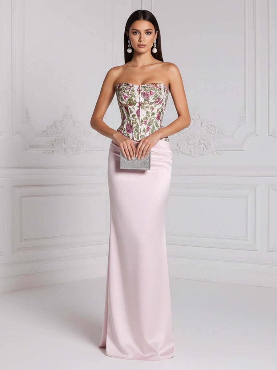 Satin Sheath/Column Strapless Floor-Length Evening Dresses with Floral Bodice & Ruched Waist
