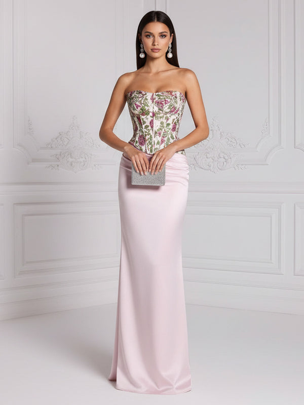 Satin Sheath/Column Strapless Floor-Length Evening Dresses with Floral Bodice & Ruched Waist