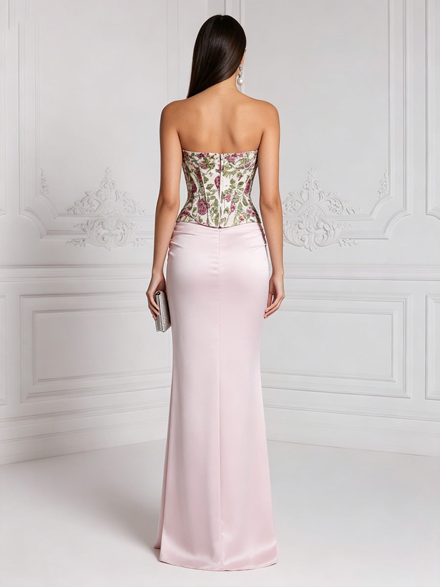 Satin Sheath/Column Strapless Floor-Length Evening Dresses with Floral Bodice & Ruched Waist
