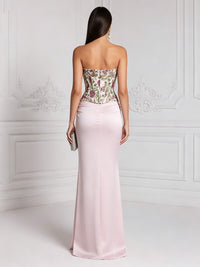 Satin Sheath/Column Strapless Floor-Length Evening Dresses with Floral Bodice & Ruched Waist