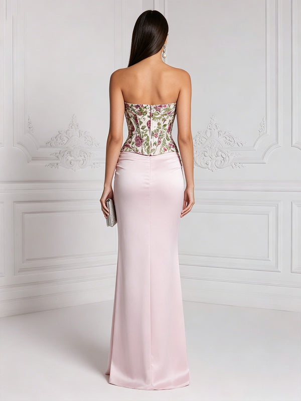 Satin Sheath/Column Strapless Floor-Length Evening Dresses with Floral Bodice & Ruched Waist