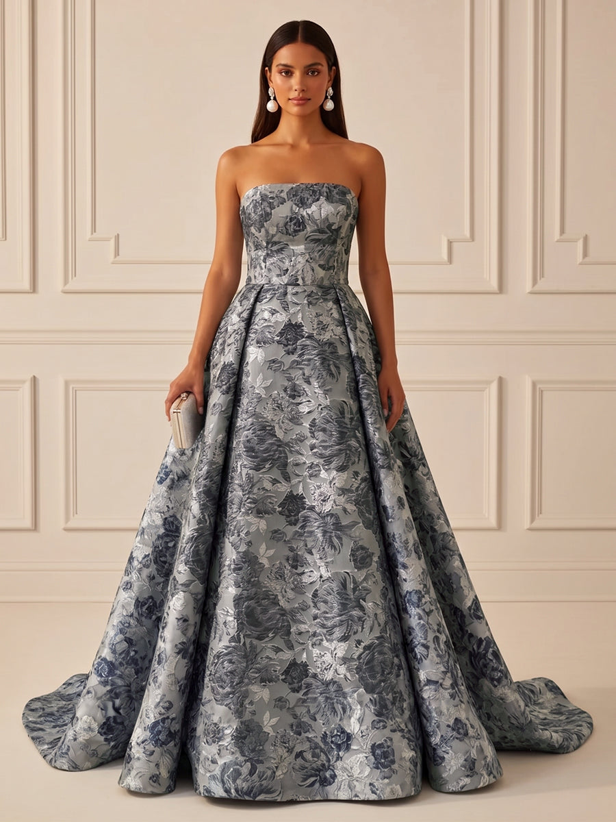Jacquard A-Line/Princess Strapless Floor-Length Evening Dresses with Ruched Waist