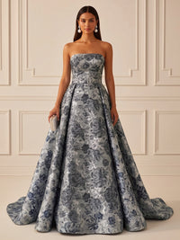 Jacquard A-Line/Princess Strapless Floor-Length Evening Dresses with Ruched Waist
