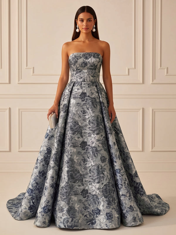 Jacquard A-Line/Princess Strapless Floor-Length Evening Dresses with Ruched Waist