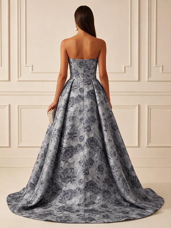 Jacquard A-Line/Princess Strapless Floor-Length Evening Dresses with Ruched Waist