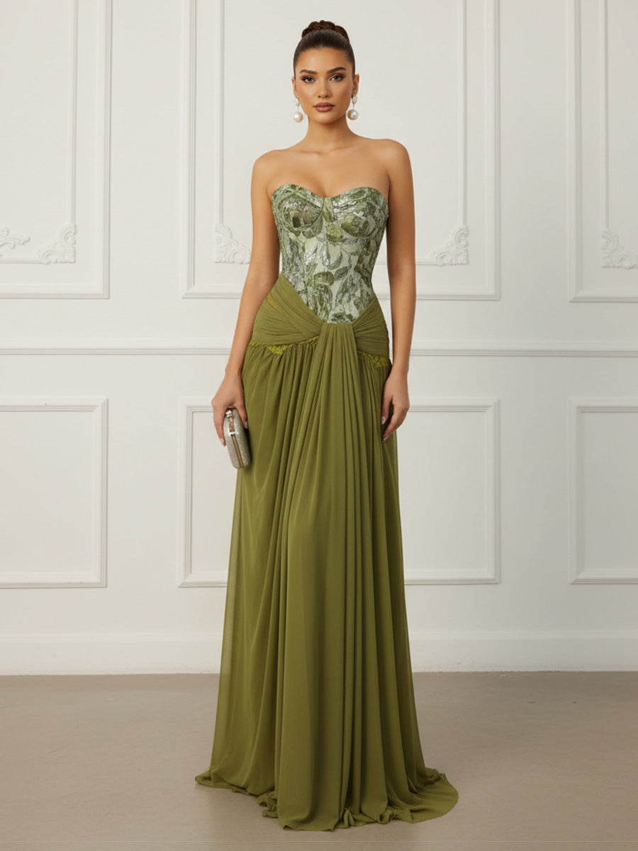 Chiffon A-Line/Princess Strapless Floor-Length Evening Dresses with Ruched Waist & Sweep Train