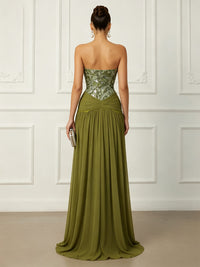 Chiffon A-Line/Princess Strapless Floor-Length Evening Dresses with Ruched Waist & Sweep Train