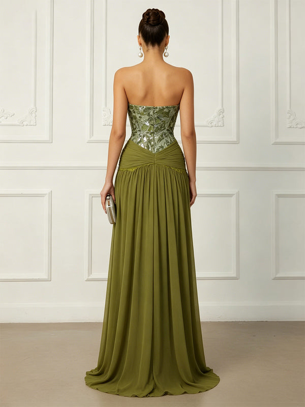 Chiffon A-Line/Princess Strapless Floor-Length Evening Dresses with Ruched Waist & Sweep Train