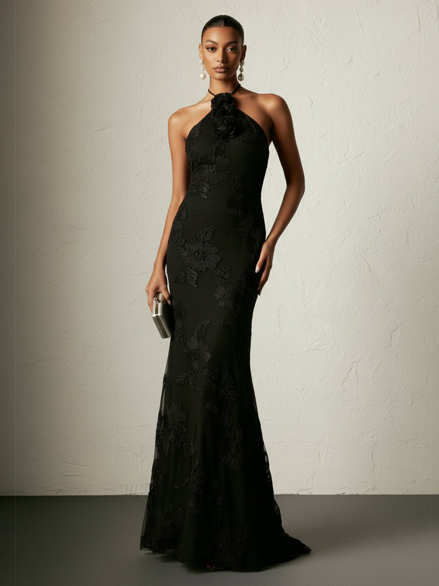 Jacquard Sheath/Column Halter Floor-Length Evening Dresses with Flower