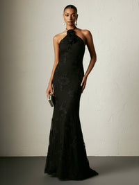 Jacquard Sheath/Column Halter Floor-Length Evening Dresses with Flower