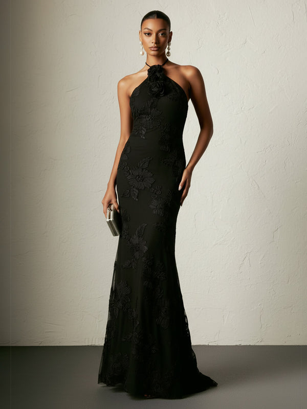 Jacquard Sheath/Column Halter Floor-Length Evening Dresses with Flower