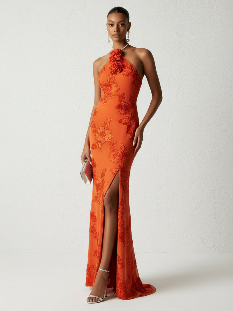 Jacquard Sheath/Column Halter Floor-Length Evening Dresses with Flower & Slit