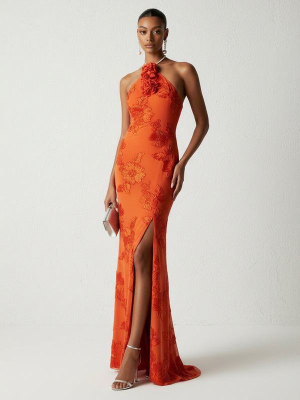 Jacquard Sheath/Column Halter Floor-Length Evening Dresses with Flower & Slit