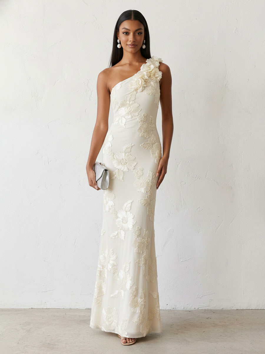 Jacquard Sheath/Column One Shoulder Floor-Length Evening Dresses with Flower
