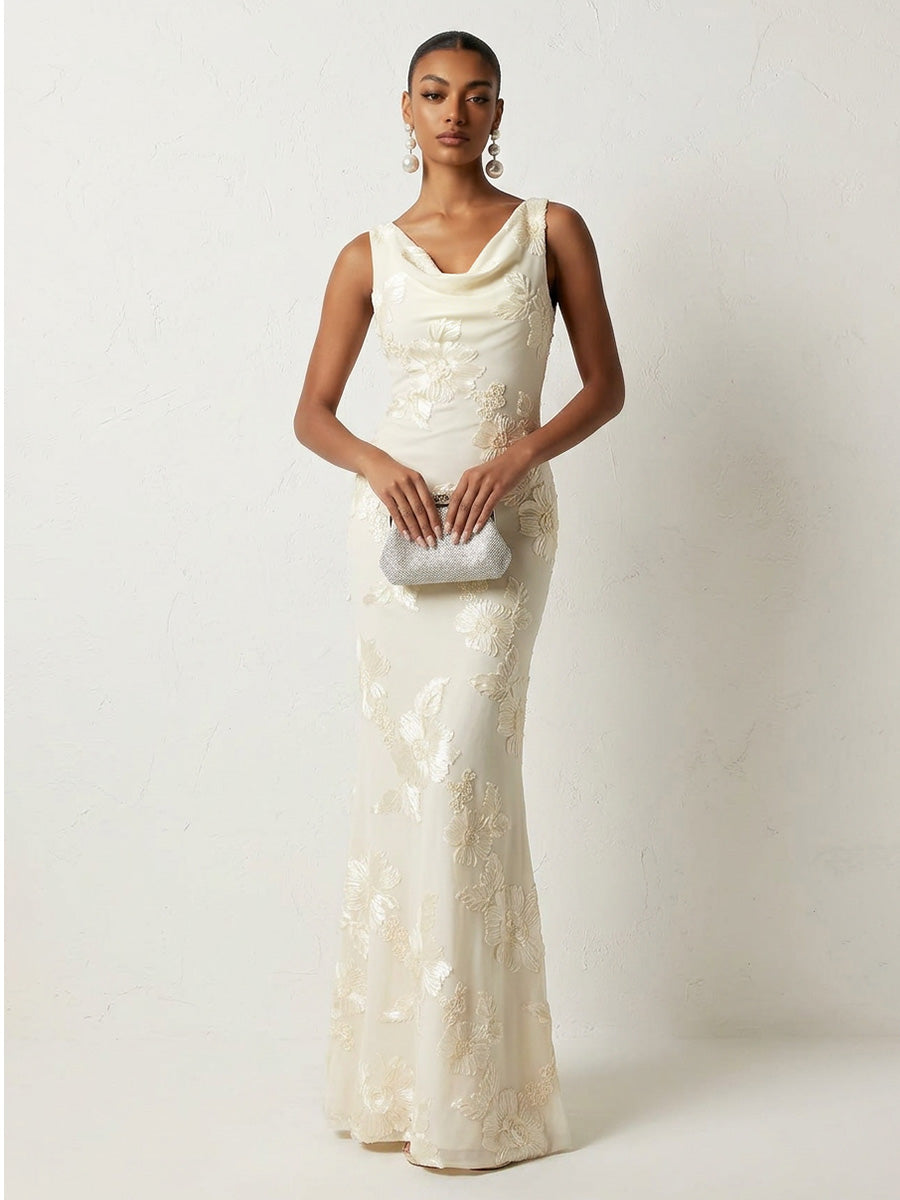 Jacquard Sheath/Column Cowl Neck Floor-Length Evening Dresses for Women