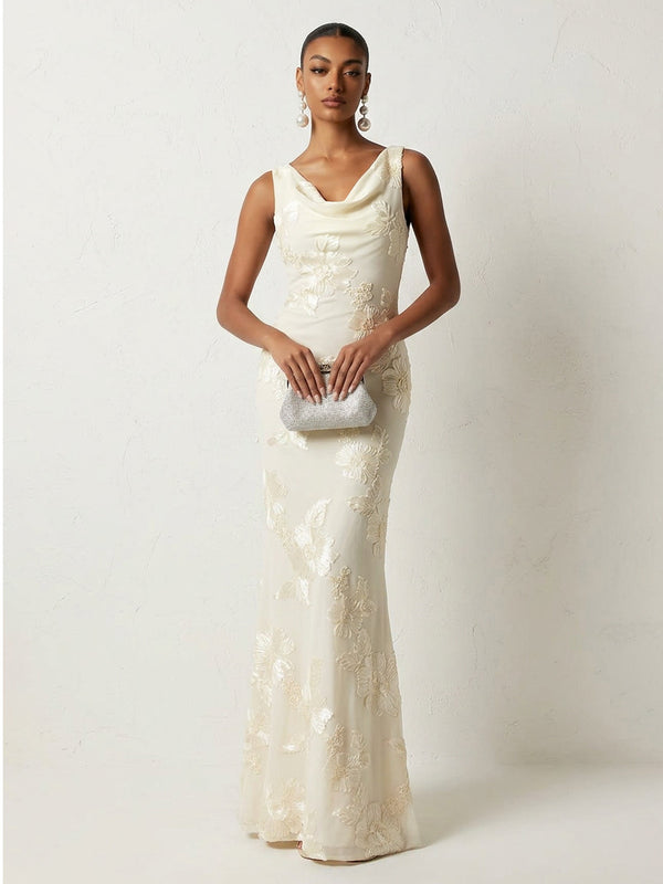 Jacquard Sheath/Column Cowl Neck Floor-Length Evening Dresses for Women